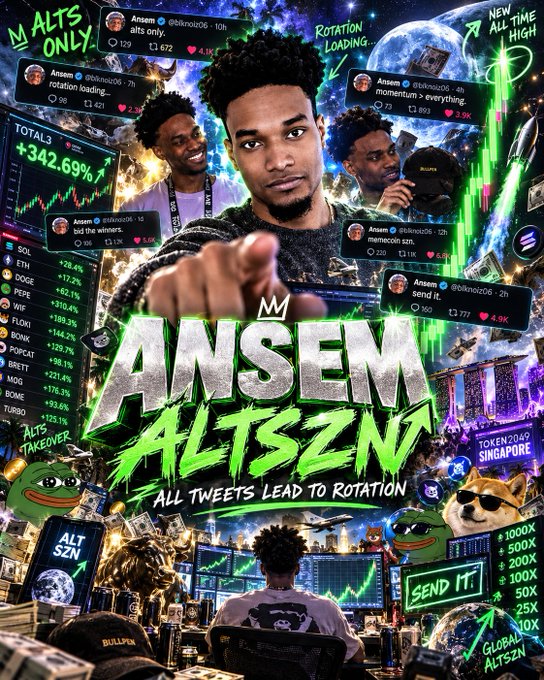 A vibrant promotional graphic for 'ANSEM ALTSZN' featuring a young man, various cryptocurrency token names (SOL, ETH, DOGE, PEPE, WIF, FLOKI, BONK, POPCAT, BRETT, TOSHI, MOG, BOME), and the tagline 'ALL TWEETS LEAD TO ROTATION'.