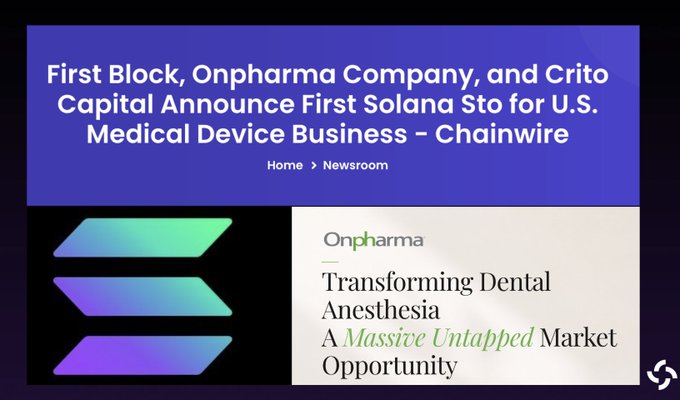 The image features a presentation slide with a blue background and white text that reads "First Block, Onpharma Company, and Crito Capital announce First Solana Sto for U.S. Medical Device Business - Chainwire". The title of the presentation is "Transforming Dental Anesthesia: A Massive Untapped Market", which suggests that the image is related to a business opportunity in dental anesthesia.