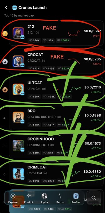 A mobile app screenshot titled 'Cronos Launch' shows a 'Top 10 by market cap' list with FAKE and CROCAT marked as 'FAKE' in red, while ULTCAT, BRO, CROBINHOOD, and CRIMECAT are circled in green.