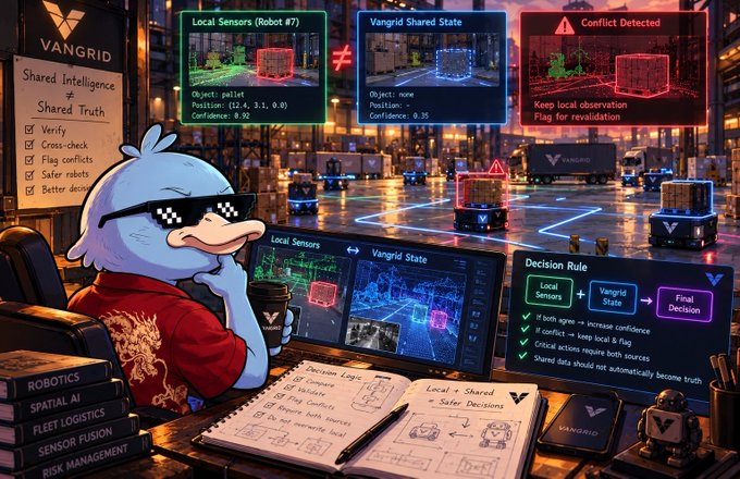 An illustrated scene featuring a cartoon dolphin wearing sunglasses at a control station, monitoring "VANGRID" systems with screens displaying "Local Sensors (Robot #7)," "Vangrid Shared State," and "Conflict Detected."