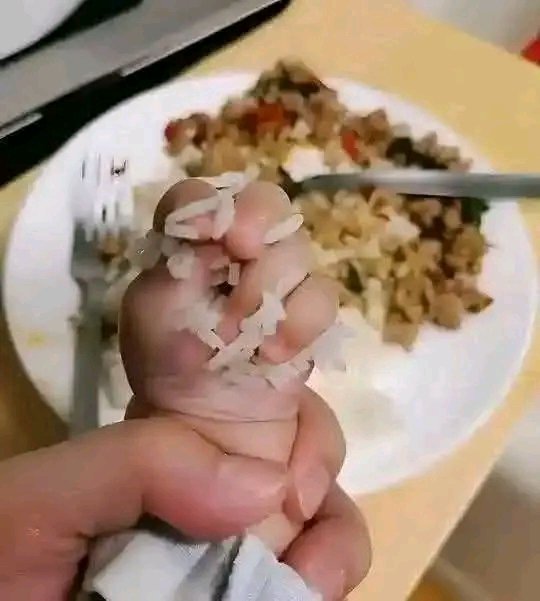 A first-person view shows a hand squeezing cooked white rice over a plate containing a meal of meat and vegetables.