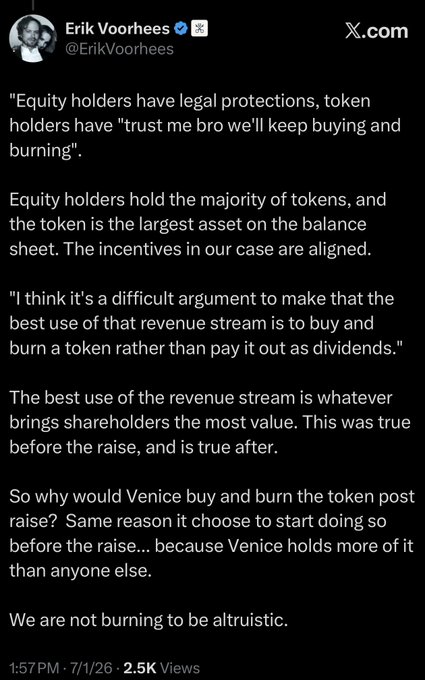 Erik Voorhees's tweet defending Venice (VVV) token buyback-and-burn by arguing equity and token holder incentives are aligned since equity holders hold the majority of tokens—while skeptics argue the token's terminal value remains zero.