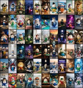 A grid collage of approximately 50 small, AI-generated or stylized character portraits featuring varied fantasy and whimsical figures (wizards, animals, warriors, etc.) in individual portraits. The image relates to the post about pursuing "1 billion users" as a promotional visual showcasing the diversity and volume of content generated, likely tied to a pumpfun app project.