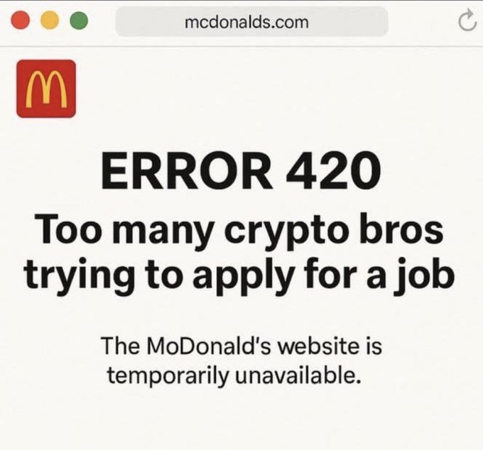 "Crypto bros 24 hours ago: We're still early. Crypto bros today: Would you like fries with that? #bitcoin #BTC #crypto #cryptoMemes #bitcoinMemes #cryptoTwitter #Investing #stockMarket #bullRun #bearMarket #trading #financeHumor #memeOfTheday #viral #FYP".