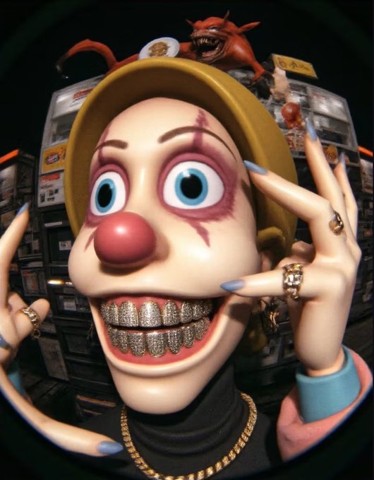 A cartoonish clown-like figure with exaggerated facial features, diamond-encrusted grillz, gold rings, and long blue fingernails poses in what appears to be a fisheye-lens shot, with a red demon figure and stacked display cases visible in the background. The image's flashy, confident aesthetic mirrors the post's boastful tone about accumulating tokens, with the character's gaudy jewelry and defiant expression visually reinforcing the "do not underestimate me" bravado.
