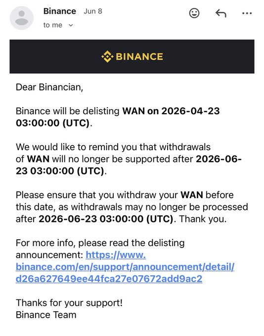 The image presents a screenshot of an email that has been sent by binance to another person, possibly regarding the deletion of a wallet address or some other transaction. The main focus is on a message at the top of the email that says "Dear Binance", and it also includes details about the issue at hand. This email appears to discuss the WAN (World Wide Address) delete request from binance, which might have been requested due to an issue with that specific wallet address. The recipient seems to be notified about this deletion, and the sender is asking for a response regarding their request.