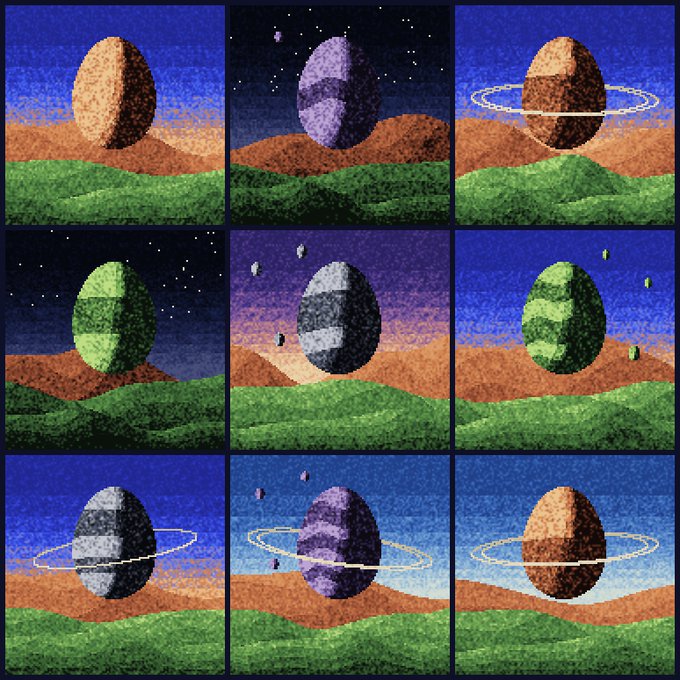 A 3-by-3 pixel-art grid displays a large planet or egg-like sphere changing colors over rolling hills, sometimes with stars, moons, or rings around it.