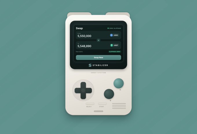 A digital rendering shows a handheld gaming device shaped like a retro Game Boy on a teal background, featuring a 'Swap' screen for USDC and USDT tokens with the logo 'STABILIZER' and 'SWAP SYSTEM' visible.