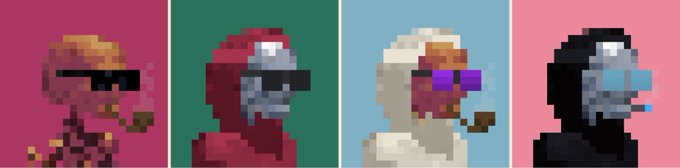 Pixel art style portraits of four figures wearing sunglasses and smoking pipes against colored backgrounds (magenta, green, blue, and pink).