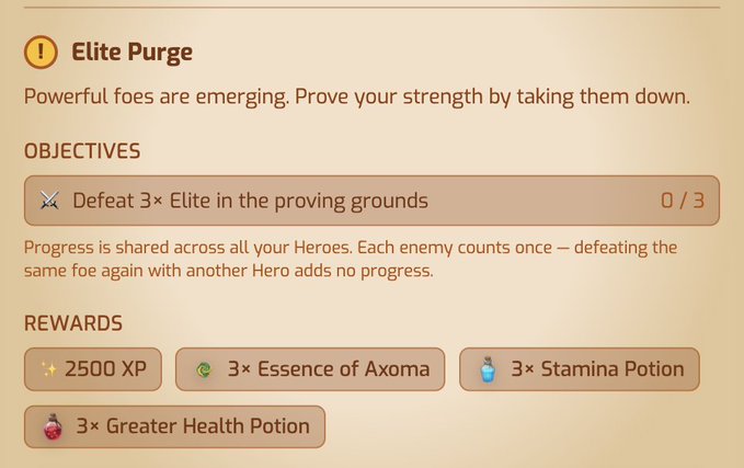 Elite Purge quest screen showing the objective to defeat 3× Elite foes with rewards including 2500 XP, Essence of Axoma, Stamina Potions, and Greater Health Potions.