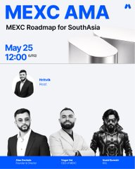 A white poster with black text announces a MEEC AMA event, featuring three men in suits and a man in a leather jacket.