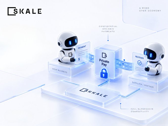 The image shows the SKALE "Private Pay" feature, depicting two robotic figures representing "Your Business" and "Supplier/Partner" exchanging a payment through a central locked cube labeled "Private Pay," with annotations highlighting "Confidential Onchain Payments" and "Full Blockchain Connectivity." It visually reinforces the post's message that SKALE's Private Pay enables businesses to conduct confidential, privacy-protected transactions onchain while still benefiting from full blockchain integration.