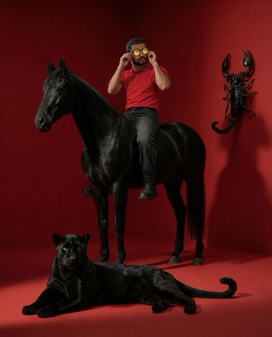 A man wearing yellow-lensed sunglasses sits atop a black horse, with a black panther resting at his feet and a black scorpion mounted on the red wall behind him—embodying the post's playful claim of a "normal day in crypto" with dramatic, larger-than-life flair.