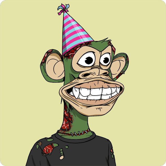 The image features a cartoon monkey wearing a party hat, with its face painted white and red. The monkey appears to be smiling and has a bandage on its arm. The background of the image is yellow, which contrasts with the colorful attire of the monkey. There are no texts or other objects in the image, making it a simple and straightforward illustration.
