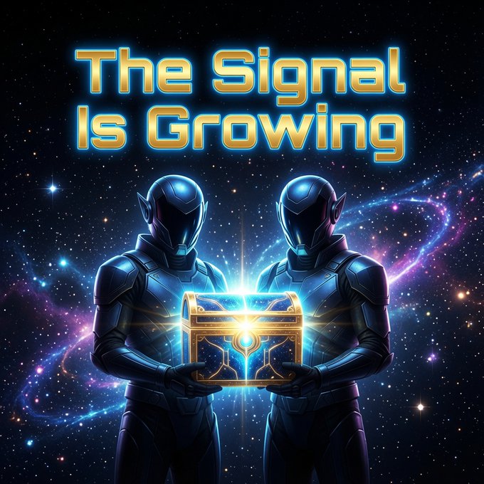 The image features two characters standing side by side against a dark blue background speckled with stars, wearing black suits and holding gold and blue treasure chests respectively, as they appear to be holding a small box together. The text above them reads "The Signal is Growing". This could imply that their cooperative efforts in the virtual world are growing stronger, or it may represent some other action related to their roles within an online community.