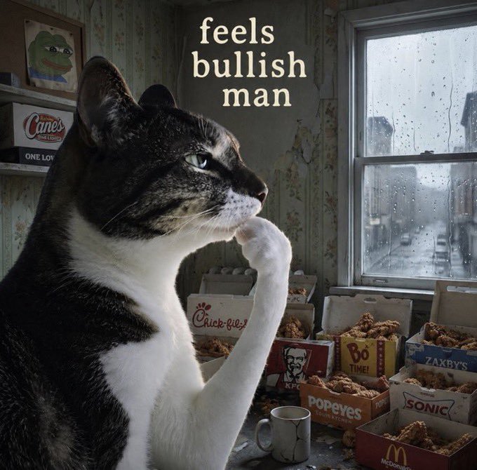 A thoughtful tuxedo cat sits in a pose that resembles the classic "Thinking" meme, gazing contemplatively at a table filled with fast-food boxes from KFC, Popeyes, Chick-fil-A, Bojangles, Zaxby's, Sonic, and McDonald's, with the caption "feels bullish man" suggesting confidence in the cryptocurrency token referenced in the post.