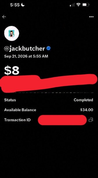 A Venmo transaction confirmation from @jackbutcher showing a completed $8 payment with an available balance of $34.00, with personal details redacted in red, likely demonstrating participation in a small-scale transfer referenced in the post about NFT-related transactions.