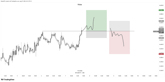A TradingView chart for Bitcoin (BTC/USD) on the Ridaa platform shows recent price action climbing to a key resistance level around $65,000, marked by a green zone and subsequent pullback into a red zone, visually illustrating the $65K sweep mentioned in the post. The black line annotations depict the recent sideways consolidation and rejection near this critical level, suggesting the need for directional confirmation before trading.