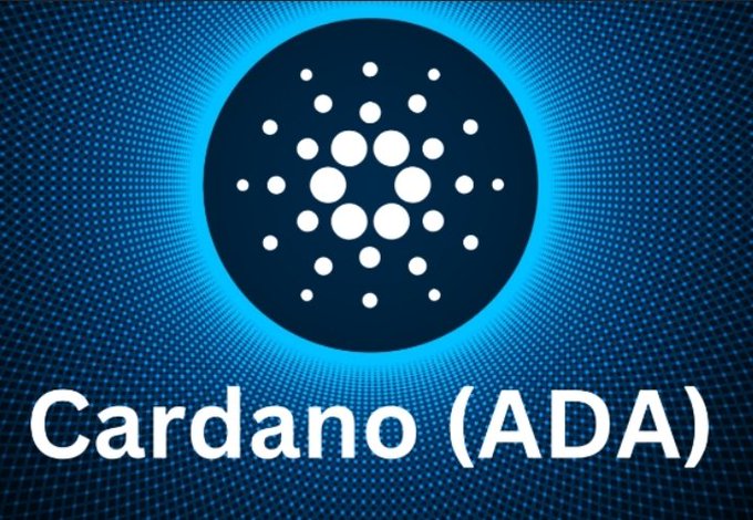 The Cardano (ADA) cryptocurrency logo displayed on a blue dotted background with the text 'Cardano (ADA)' underneath.