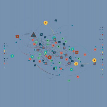 Abstract data visualization or network graph on a gray-blue background, showing colorful nodes (circles, squares, triangles) connected by curved lines.