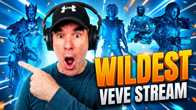 A YouTube-style thumbnail featuring a man wearing a black cap pointing excitedly with the text 'WILDEST VEVE STREAM', surrounded by character images.