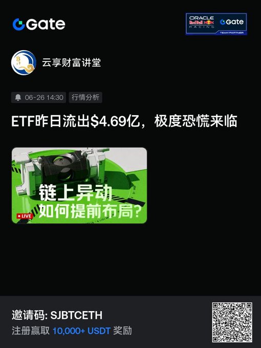 The image is a promotional post from Gate exchange's "云享财富讲堂" (Cloud Wealth Lecture Hall) scheduled for 06-26 at 14:30, featuring a market analysis session titled "ETF昨日流出$4.69亿，极度恐慌来临" (ETF outflow of $469M yesterday, extreme fear approaching) with the subtitle "链上异动 如何提前布局？" (On-chain anomalies - how to position early?). The post advertises a registration bonus of 10,000+ USDT using invite code SJBTCETH, and aligns with the accompanying morning briefing highlighting BTC at $59,000, ETH at $1,540, and SOL at $67 amid broad market pressure.
