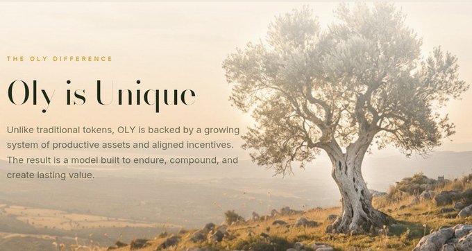 The image features a sunlit olive tree in a golden landscape with text reading "THE OLY DIFFERENCE - Oly is Unique" and a description noting that unlike traditional tokens, OLY is backed by productive assets and aligned incentives. The imagery of a deep-rooted, enduring olive tree visually reinforces the post's message about OLY (formerly OlympusX) having an ETH-backed treasury built to endure and compound value over time.