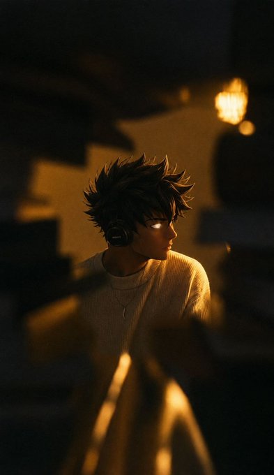 A stylized anime-style digital artwork of a young man with spiky dark hair wearing headphones and a glowing white sweater, lit warmly against a dark background.