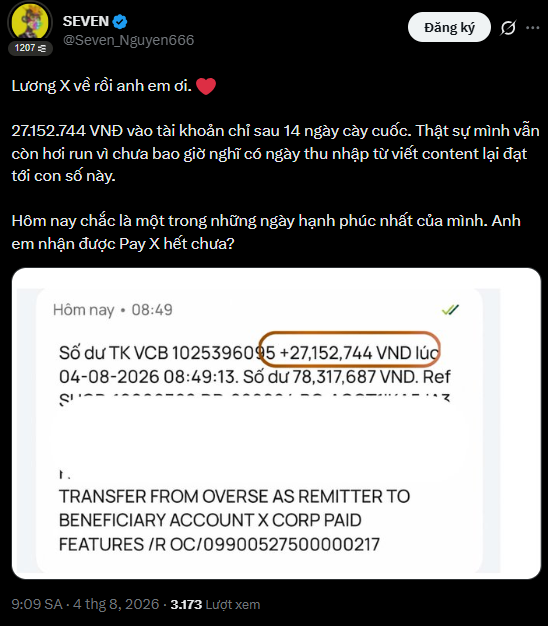 A Twitter/X post from user 'SEVEN' (@Seven_Nguyen666) celebrating receiving 27,152,744 VND into their bank account, with a screenshot showing the transfer from X Corp and the hashtag #X