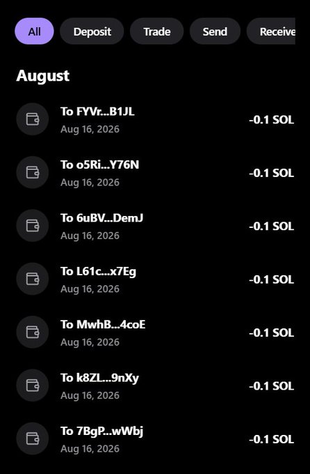A crypto transaction history screenshot from August showing multiple -0.1 SOL sent transactions to various wallet addresses on August 16, 2026, displayed under an "All" filter with tabs for Deposit, Trade, Send, and Receive. The image appears to serve as proof of SOL wallet activity, likely part of a giveaway promotion requiring participants to share their SOL addresses to receive $MONA tokens.