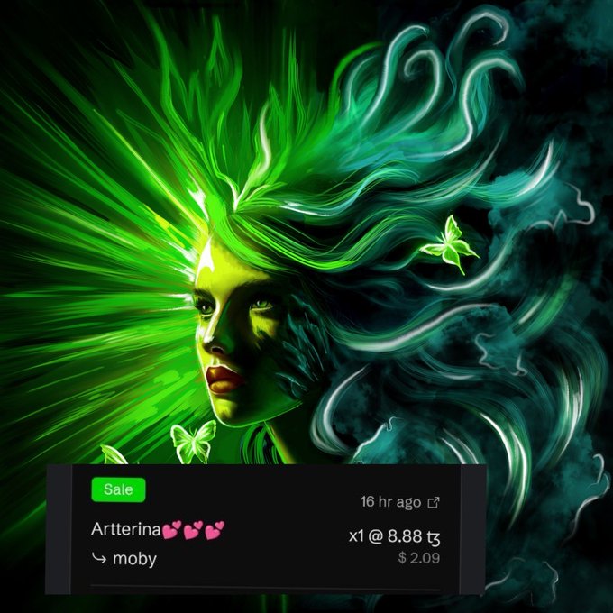 A digital artwork displays a green-skinned figure with flowing green hair and glowing butterflies against a dark background, overlaid with an NFT sale notification reading 'Artterina' by 'moby' for '8.88 ₣' ($2.09).
