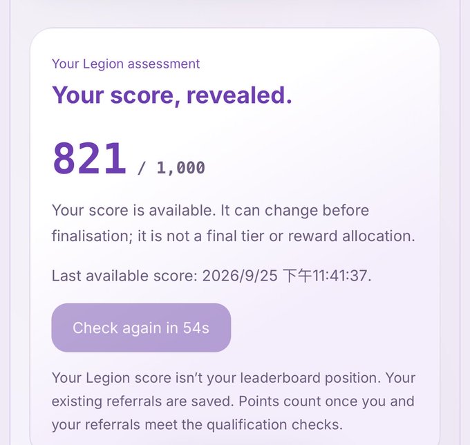 A user shares their assessment score of 821/1,000 from Legion, with a note that points only count once qualification checks are met, in connection with promoting early-stage token pre-registration opportunities.