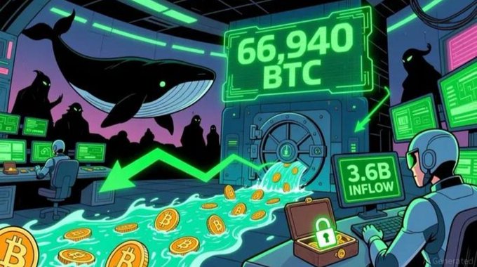 A dramatic digital illustration depicting a whale swimming among shadowy figures in a high-tech control room, with prominent green displays reading "66,940 BTC" and "3.6B INFLOW," a vault overflowing with Bitcoin coins, and a trader watching an upward-trending chart—visually reinforcing the post's message about whale accumulation and exchange outflows signaling a bullish setup despite silent price action.