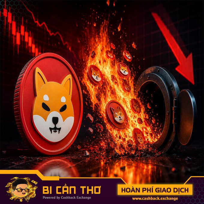Dramatic promotional image for 'BÍ CÂN THƠ' (Cashback Exchange) featuring a Shiba Inu (SHIB) coin engulfed in flames near an open vault, with a downward red arrow and 'HOÀN PHÍ GIAO DỊCH' text.