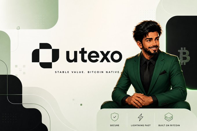 An advertisement for Utexo featuring an illustrated bearded man in a green suit, with the tagline 'STABLE VALUE. BITCOIN NATIVE' and feature badges for 'SECURE', 'LIGHTNING FAST', and 'BUILT ON BITCOIN'.