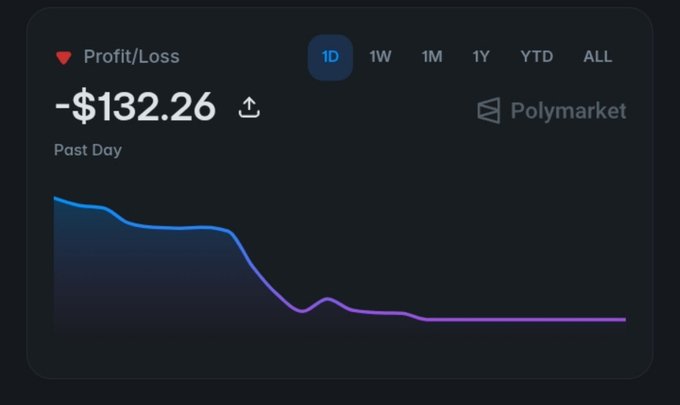 A dark-themed dashboard shows a Profit/Loss of -$132.26 over the past day on Polymarket, with a line chart trending downward and time period options (1D, 1W, 1M, 1Y, YTD, ALL) visible at the top.