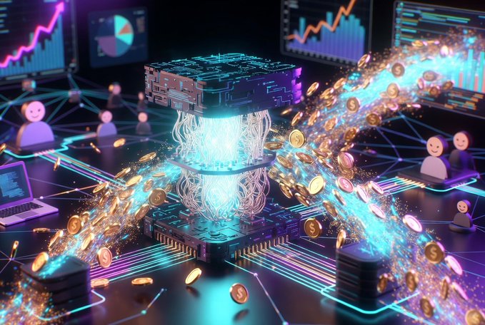 The image features a futuristic scene with a large computer chip surrounded by floating gold coins, creating an illusion of money flying out from the chip. The background shows a network of computers connected to each other, suggesting that this technology is used for data transfer or communication purposes. The caption reads "On @quipnetwork, your device becomes part of the Worldwide Quantum Computer. You contribute classical + quantum annealing power to solve real optimization problems - and get rewarded for it. No expensive hardware needed. Just run a node and".