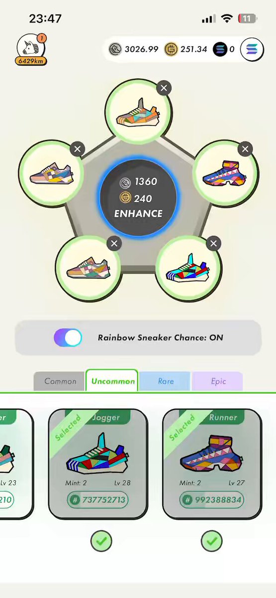 The image shows a screenshot of an iPhone screen displaying a shopping app with various shoe options, including rainbow sneakers. The app has five different shoe designs available for purchase, each with its own price tag. The user can choose from these shoes by clicking on them or selecting them directly from the app.