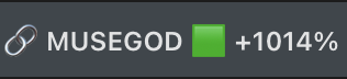The image shows a green "MUSEGOD" ticker badge with a +1014% gain indicator, contrasting with the post's focus on $MUSEBOOK and the broader MuseBook ecosystem, suggesting MUSEGOD may be a related or competing token showing exceptional short-term performance.