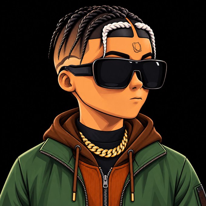 A digital illustration depicts a young boy with braided hair, large black sunglasses, a gold chain, and a green jacket over an orange hoodie against a black background.