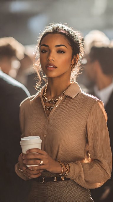 The image features a woman wearing a brown blouse holding a coffee cup. The background shows several people standing around her, suggesting that she might be at an event or gathering where they are mingling.