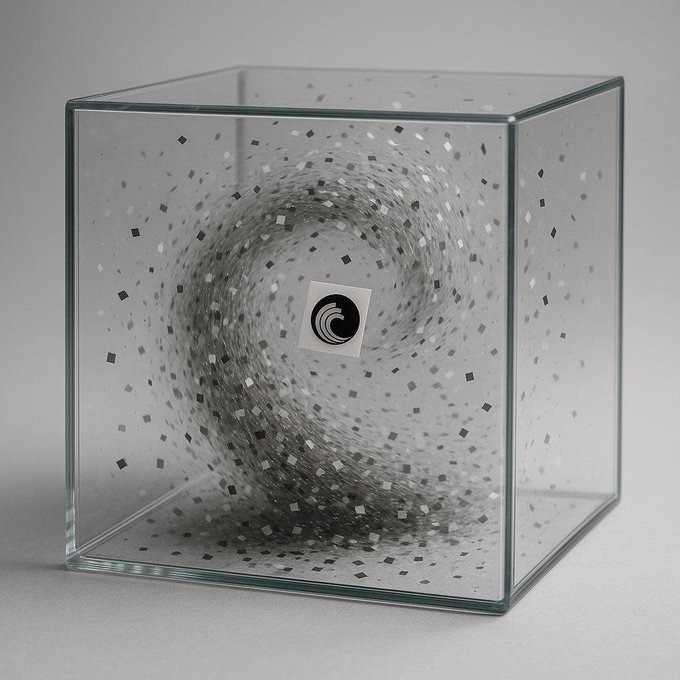 A clear glass cube containing a swirling vortex of black particles and small squares, with a logo sticker in the center.