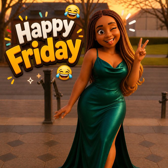A vibrant animated image features a smiling woman in a green satin gown making a peace sign, with bold "Happy Friday" text and laughing emojis decorating the scene. The cheerful Friday vibes visually reinforce the post's excited announcement about the weekend and its introduction to QUIP Network's non-custodial approach.