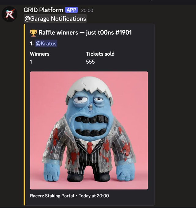 A screenshot of a Discord message from "GRID Platform" at 20:00 in the @Garage Notifications channel, announcing raffle winners for "Racerz Staking Portal • Today at 20:00," where 555 tickets were sold and the single winner was @Kratus, accompanied by a photo of a blue cartoonish figurine in a pinstripe suit. This relates to the post celebrating winning the Racerz NFT raffle, highlighting the benefits of holding $CAZH tokens including WL opportunities and prize raffles.
