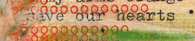 A textured, vintage-style banner with red circle patterns overlaid on text reading 'Save our hearts' against a weathered beige and green background.