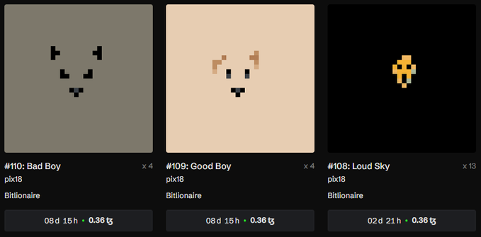 A screenshot showing three pixel art CryptoPunk NFTs (#110 'Bad Boy', #109 'Good Boy', and #108 'Loud Sky') listed for sale by 'Billionaire' at 0.36 ŧ.