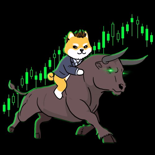 The image features a cartoonish depiction of a Shiba Inu dog wearing a suit, riding atop a bull with its horns raised high. The background consists of green lines representing stock market graphs, creating an interesting contrast between the whimsical scene and the serious financial theme. The caption "Run the bulls." suggests that this image is meant to be humorous or playful, as it combines elements of both traditional bullfighting imagery and modern finance through a cartoonish representation.

The Shiba Inu dog wearing a suit appears to be riding on top of the bull with its horns raised high, which adds an element of whimsy and humor to the scene. The green lines in the background represent stock market graphs, providing a contrast between the lighthearted image and the serious financial theme it represents.
