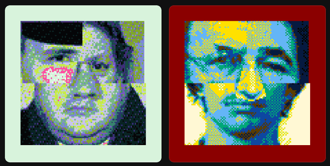 Two pixelated portrait images side by side: the left shows a person with a green border and the right shows a person with a blue/green color palette on a red background.