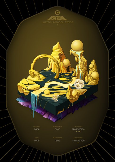 A digital 3D illustration labeled 'LUSTER - RAINBOW ATMOS' depicts a stylized fantasy landscape with gold rocky formations, floating spheres, and a dark teal base with purple accents. Text shows 'S RESOURCE PRAGMATHA' with three stars and 'POOA none' among other stat labels.