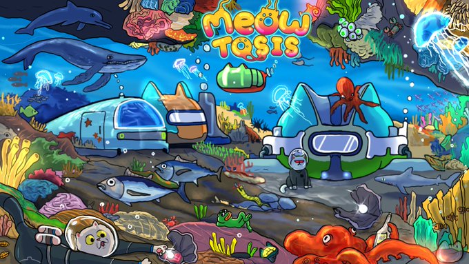 Colorful underwater scene with 'Meow Tosis' title, featuring cartoon submarines, dolphins, sharks, octopi, and cats in a coral reef environment.